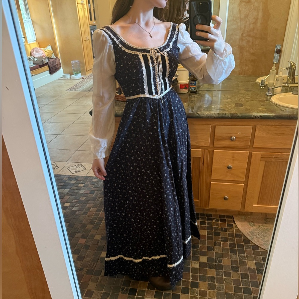 Gunne Sax Navy Floral Maxi Dress with Cream Lace Trim